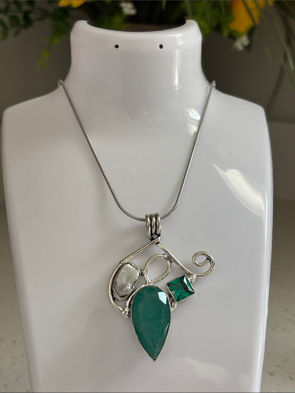 Sterling Simulated Emerald & Apatite Green Teardrop Gemstone Pendant Necklace